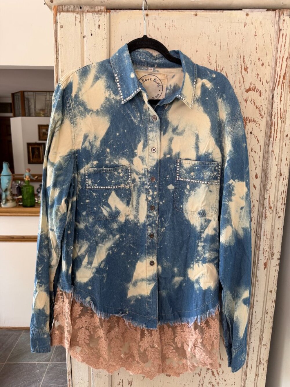 A RARE BIRD BLEACH OUT PATCH BACK RHINESTONE TRIM DENIM SHIRT - Picture 6 of 12